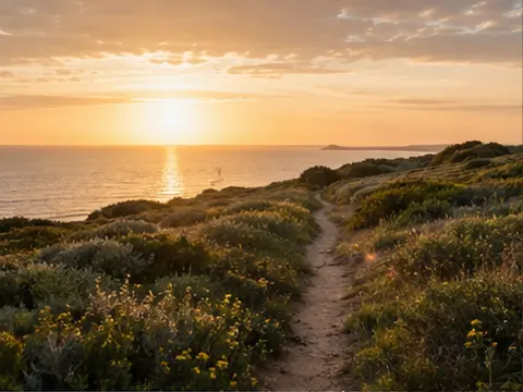Camino entre la vegetación costera al amanecer