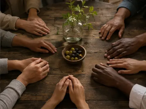Mãos diversas reunidas ao redor de uma mesa